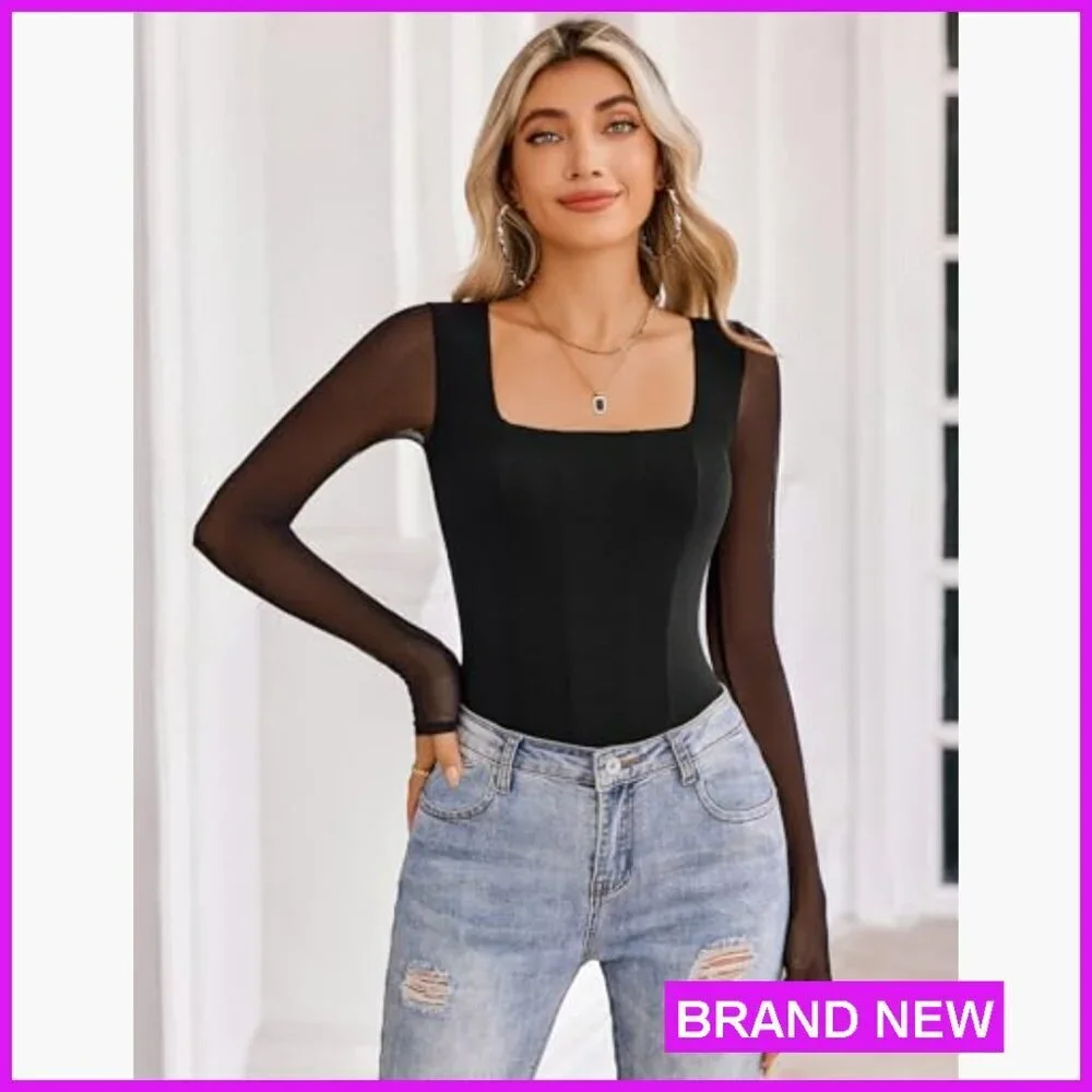 Long Sleeve Mesh Bodysuit Square Neck Elegant Y2K Chic Club Top Snap Closure